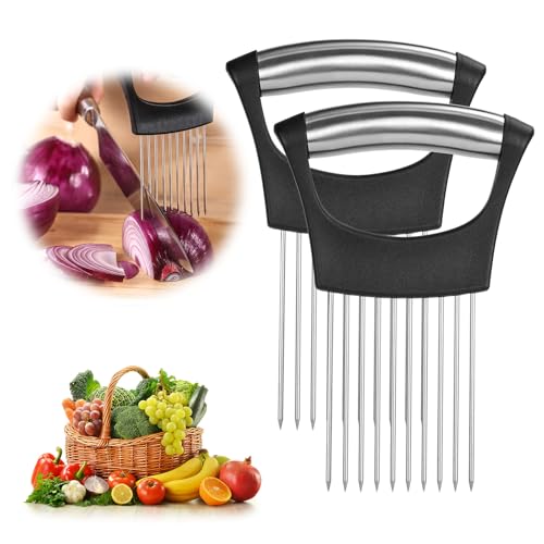 AUAUY 2pcs Support à Oignons en Acier Inoxydable pour Trancher, Gadgets de Cuisine, Coupe Légumes pour Concombre, Oignon, Tomate, Outil D'aide à La Découpe...