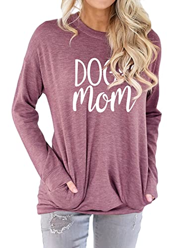 for Women Mothers Day Shirts for Mom Dog-Mom Letters Printing Long Sleeve T Shirt with Pockets Long Sleeve Sweatshirts for Grandmom (Brick red,Small,Small)
