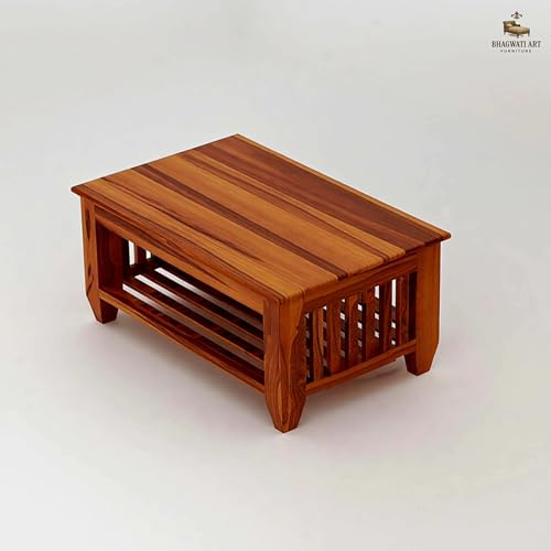Image of Solid Sheesham Wood Coffee Table for Living Room | Wooden Rectangle Coffee /Tea Table with Storage |Center Table with Storage Teapoye for Home, Living Room, Balcony (Honey Finish)