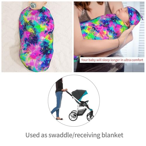 Image of Tie Dye Neon Colors Newborn Swaddle Blankets Hat Sets Soft Baby Receiving Blanket Swaddle Sack for Baby Shower Infant Boy Girl Gift