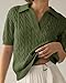 Imily Bela Women's Cable Short Sleeve Sweaters Tops Solid Lapel V Neck Knit Casual Soft Pullover Shirt Green