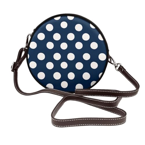 White Polka Dot In Dark Blue Women Round Crossbody Bags Leather Sling Bag Purse