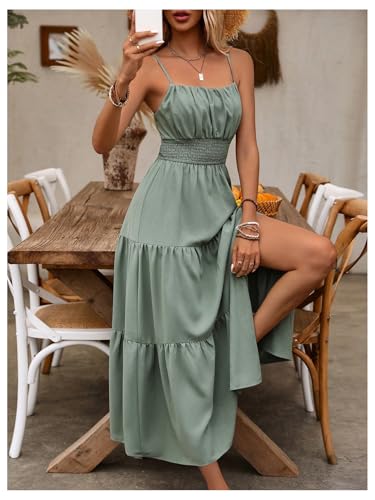 Women's Boho Maxi Dress for Wedding Guest Vacation Ruffle Flowy Milkmaid Dress Summer Ruched Slit Sundress4