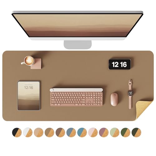 Image of YSAGi Double-Sided Desk Mat, Eco Cork & Leather Desk Protector, Large Mouse Pad & Writing Pad for Office /Home (35.4 inchx17 inch, Khaki + Cork)