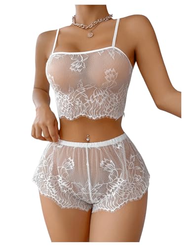 Image of SOLY HUX Women's Floral Lace Sheer Bra and Panty 2 Piece Lingerie Set | See Through, Mesh, Sexy BoyShorts