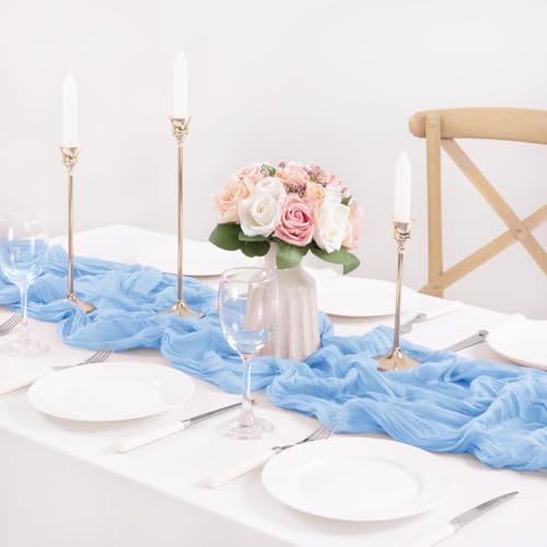 Image of MLMC Light Blue Table Runner Baby Blue Cheesecloth Table Runner 10ft Baby Shower Decorations Rustic Gauze Cheese Cloth Centerpiece 35x120 Inches for Gender Reveal Birthday Party Wedding Decor