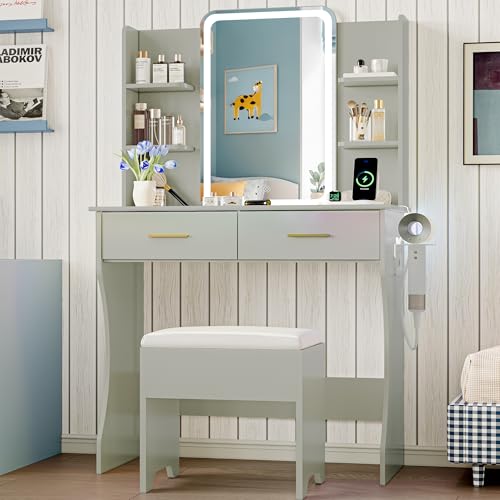 Image of Vanity Desk with LED Lights Mirror & Power Outlet, Small Makeup Vanity Table Set with Storage Drawers & Chair, 3 Lighting Modes & Adjustable Brightness, Dressing Table for Women Girls Bedroom, Green