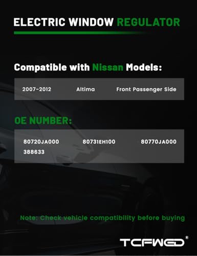 Image of Power Window Regulator Compatible with Nissan Altima Sedan 2007-2012 Front Passenger Side Replace # 80720JA000 80731EH100 80770JA000