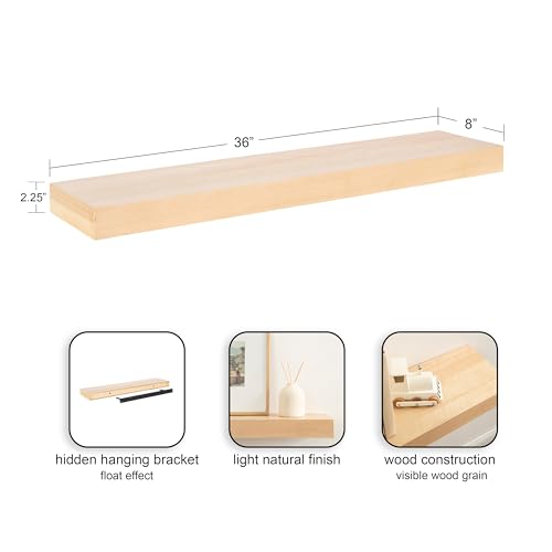 Image of Kate and Laurel Havlock Modern Natural Floating Shelf; 36 x 8; Natural Wood; Functional Storage Shelf for Use as Entryway Display or Kitchen Spice Rack Shelf