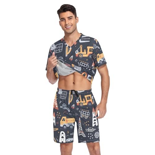 Men's Pajama Set Childish Building Equipment Trucks Short Sleeve with Shorts Pockets Sleepwear Set Summer Loungewear3