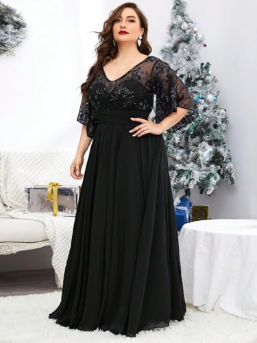 Women's Plus Size V Neck Lace Sequin Embellished with Pleat Waist Contrast Chiffon Long Formal Evening Party Dress3