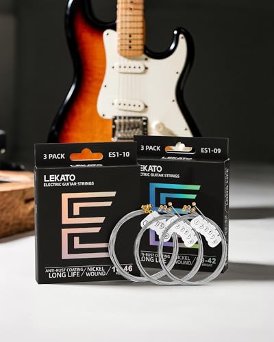 Image of LEKATO Electric Guitar Strings, Nickel Plated Steel with ANTl-RUST Coating Longest-Lasting Bright Tone with Comfortable Feel, Light 10-46, 6-String Set, Pack of 3