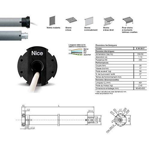 Moteur ERA M Ø 45 mm, filaire, fin course mécanique, 30 Nm, 17Rpm, 56Kg, NICE