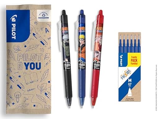 PILOT x NARUTO - 3 uds FriXion Ball Clicker, Negro, Azul, Rojo + 1 Set de 6 recambios azules - Bolígrafo borrable - Naruto Shipudden Edición Limitada - Bolígrafos roller retráctil - Punta media | Ya disponible en tu tienda friki favorita! En mundofriki.es!