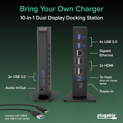 Image of Plugable Dual DisplayPort & HDMI Docking Station - USB 3.0 & USB-C Laptop Dock for Dual Monitors, DisplayLink, Mac (Driver Required), ChromeOS & Windows, Gigabit Ethernet and Audio (UD-6950Z)