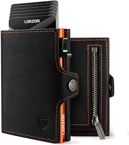 LORZOR® Slim Wallet mit Münzfach, Geldbörse aus Echtem Leder für Herren, RFID Blocker Portemonnaie, Kartenetui, Geldbeutel für 10 Karten, Smart Wallet (Schwarz Orange)