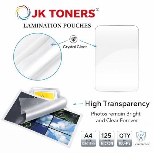 Image of JK Toners A4 Laminating Pouches 100 Sheets, Clear Glossy Finish, Waterproof | Perfect for Document & Certificate Protection