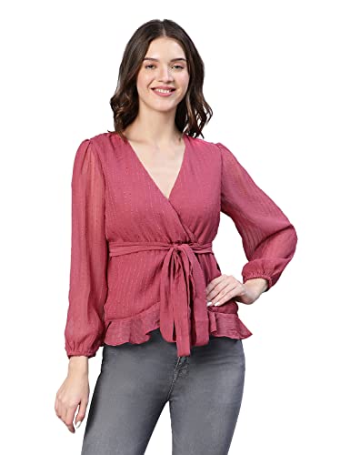 Image of oxolloxo Women Regular Fit Polyester Regular Sleeves Dobby Party Pink Top