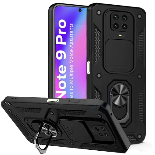 Image of AESTMO Tough Armor Compatible with Redmi Note 10 Lite /Note 9 Pro /Pro Max /Poco M2 Pro Bumper Back Case Cover | Ring Holder & Sliding Camera Shield Cover | 360 Degree Protection Back Case Cover (Black)