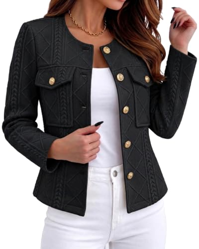 CHICME Womens Cropped Jacket Lightweight Argyle Cable Knit Coat | Long Sleeve Design,Collarless Round Neck,Metal Button Down,Fall Layering,Chic Elegant Daily Work Business Casual