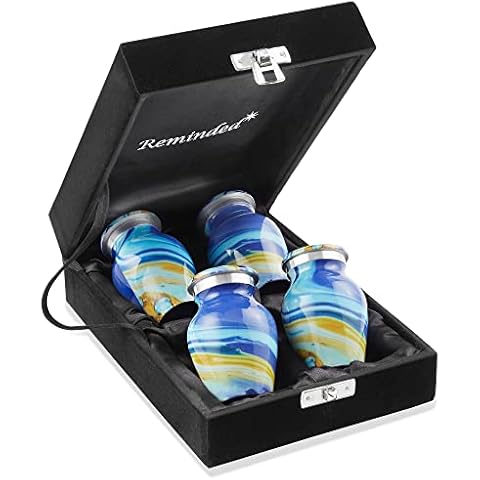 Reminded Small Keepsake Cremation Urns for Human Ashes, Set of 4 Blue Swirl Miniature Memorial Urns with Velvet Case and Bags, Multicolor Cover