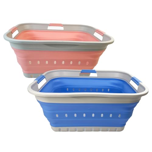 Image of SAMMART 42L (11 gallon) Collapsible Plastic Laundry Basket - Foldable Pop Up Storage Container /Organizer - Portable Basket - Space Saving Hamper /Basket (2, Little Boy Blue+Quartz Pink)