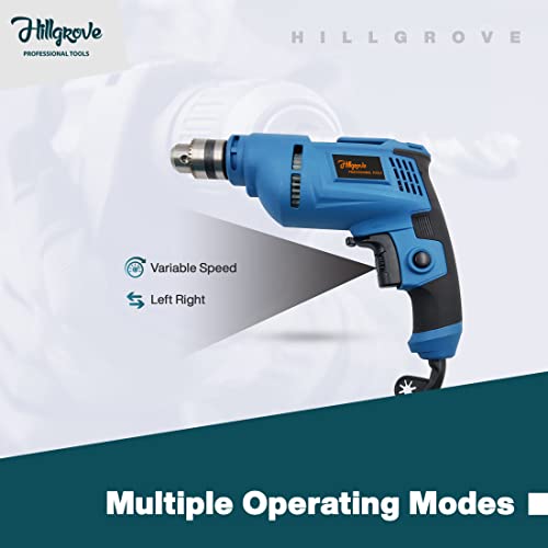 Image of Hillgrove HGCM1089M2 All Purpose 500W Drill Machine with 5Pcs HSS Drill Bits for Making Holes in Metal /Wood /Concrete with Reverse Rotaion and Variable Speed Pistol Grip Drill (10 mm Chuck Size)