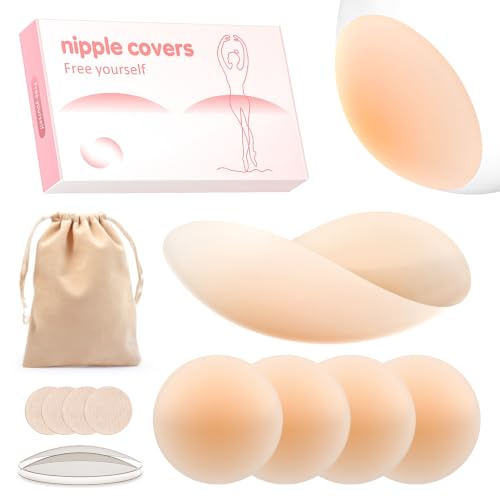 Septeamay 2 Pairs Nipple Covers for Women Silicone Pasties Nipple Cover Invisible Reusable Adhesive Nipple Covers Breast Pads 8cm/3.15Inch for Backless Dress Party Beige Lightweight and Soft