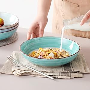 Vancasso bonita pasta bowls set of 6 38 oz shallow bowls ceramic pasta plates and salad bowls microwave dishwasher safe serving bowls blue  urban country home decor