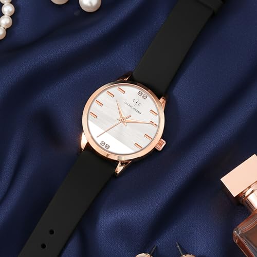 Image of CHARLIEKEEN Women's Elegant Watch with Rose Gold Case, Silicone Band, Crystal Accents, Analog Display