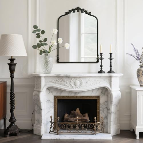 Image of WallBeyond Black Antique Mirror for Vanity 24x32 Inch, Black Vintage Mirror with Ornate Frame, Arched Vintage Wall for Bathroom, Living Room, Fireplace