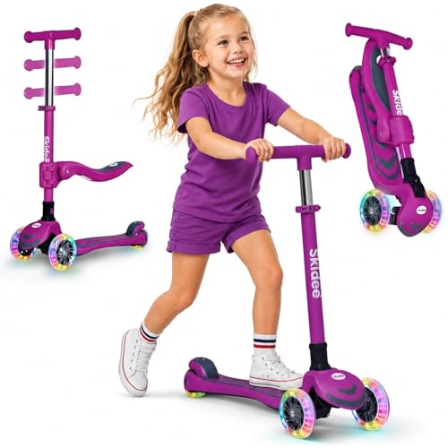 Image of SKIDEE Kick Scooter for Kids Ages 3-5 | Foldable 3 Wheel Scooter with Lean-to-Steer, Adjustable Height, Removable Seat & LED Light Wheels | Toddler Scooter Up to 12 Year Old Boys /Girls
