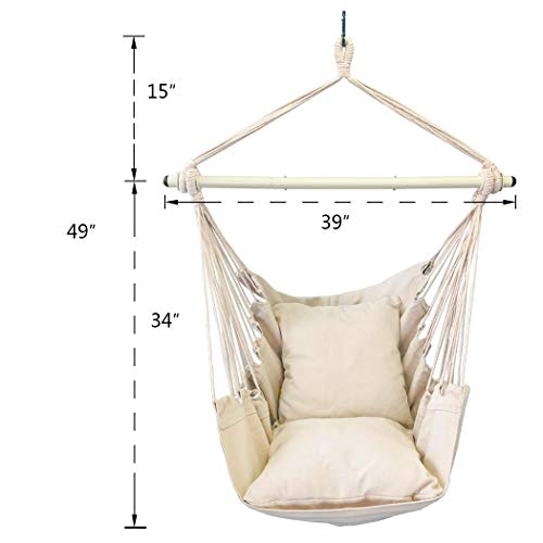 Highwild Hammock Chair Hanging Rope Swing - Max 500 Lbs - 2 Cushions Included - Steel Spreader Bar With Anti-Slip Rings - For Any Indoor Or Outdoor Spaces (Beige) #TOP5