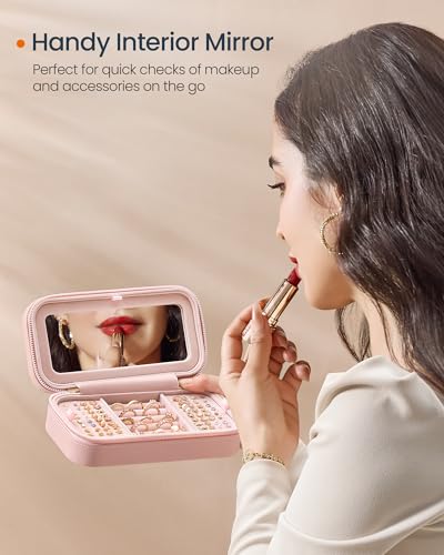 Image of SONGMICS HOME Travel Jewelry Case with Mirror, Stitching, Portable | Jewelry box organizer, 4.1 x 8 x 2.4 Inches, Gift Idea, Jelly Pink, UJBC180S01