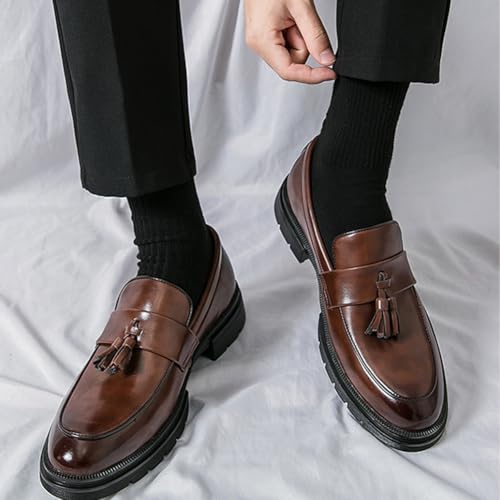 Men's Leather Tassel Platform Penny Comfortable Wide Round Toe Slip on Loafers Anti-Slip Work Office Shoes3