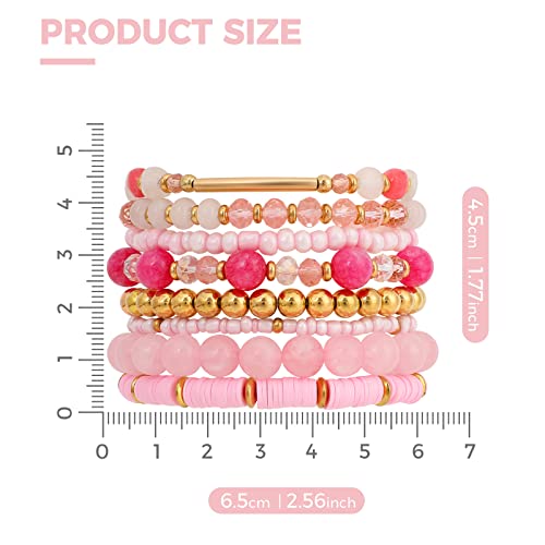Pink Bracelets Bohemian Multi-Layer Beaded Stacking,8 Pcs Versatile Strand Stretch Sparkly Crystal Beads Wrap Slip-on Cuff Bangle Set2