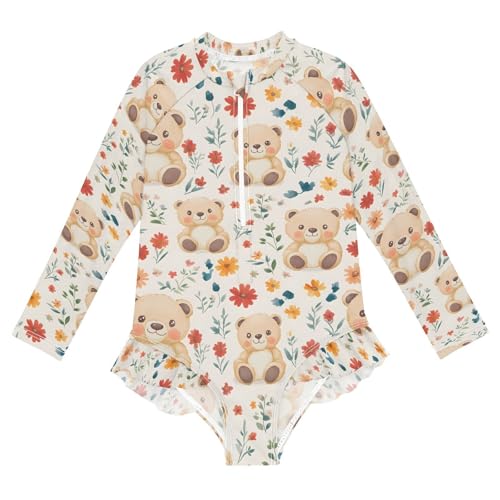 ALAZA Cartoon Bear Flower Blossom Girls One Piece Swimsuit Long Sleeve Rash Guard Swimsuits UV 50+ Swimwear Zipper