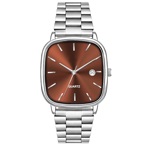 Image of Acnos Luxury Square Dial Quartz Watch for Men & Women - Stainless Steel Bracelet, Minimalist Analog Wristwatch with Date Window Pack of 1