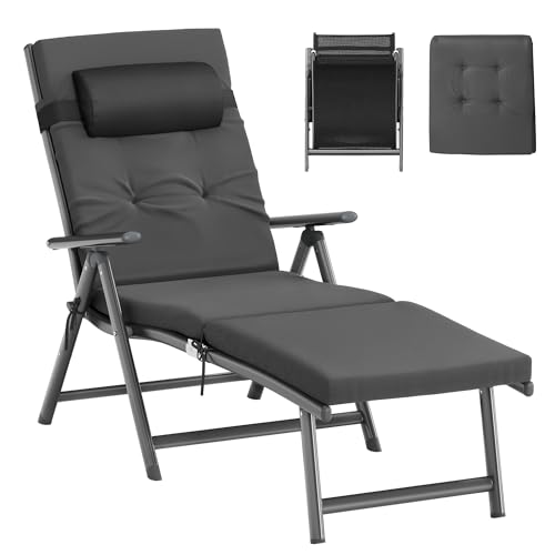 SONGMICS Chaise Longue Pliante, Transat Jardin Extérieur avec Coussin de 6 cm d’Épaisseur, Oreiller Amovible, Respirant, Dossier Réglable, Supporte jusqu'à 150 kg,...