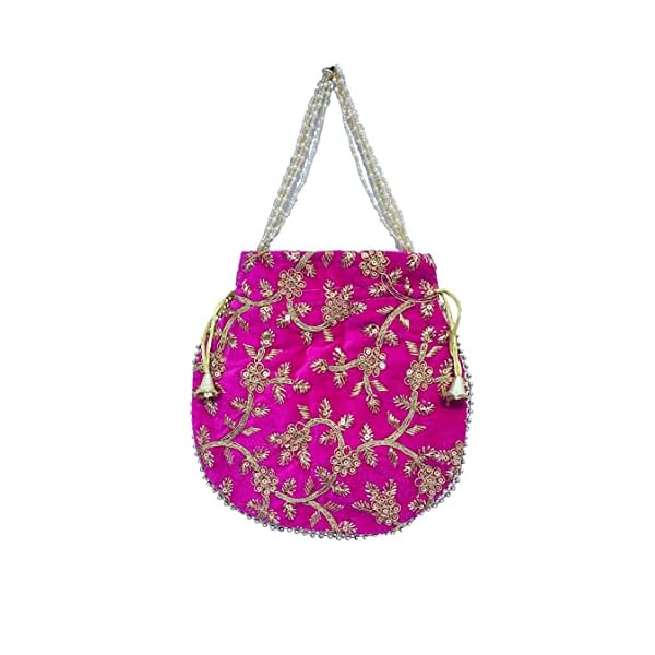 ATHZ Potli Bag Velvet Golden Work Wedding potli for Ladies Gift for Women Handbags Traditional Indian Wristlet with Drawstring Ethnic Embroidery Women Fashion Potli (Gold,Pink) - Image 4