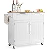 COSTWAY Kitchen Island Cart on Wheels with Side Towel Bar 2 Drawers 2 Door Cabinet Rolling Storage Trolley Cart with Rubber Wood Top Lockable Casters White
