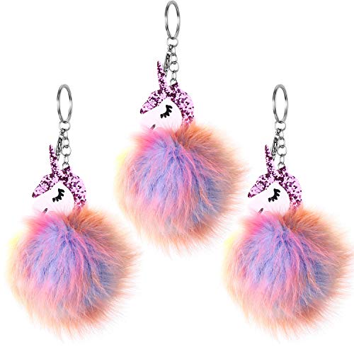 Tatuo 3 Pieces Unicorn Pattern Fluffy Keychain Cute Fur Key Ring Pompom Key Chain Bag Backpacks Hanging Pendant for Women Girls