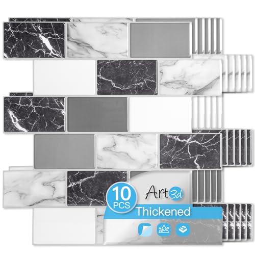 Art3d Peel and Stick Black White Grey Marble Wall Tiles – 12'x12' Thicker Design Backsplash, Self-Adhesive Tile for Kitchen & Bathroom Decor