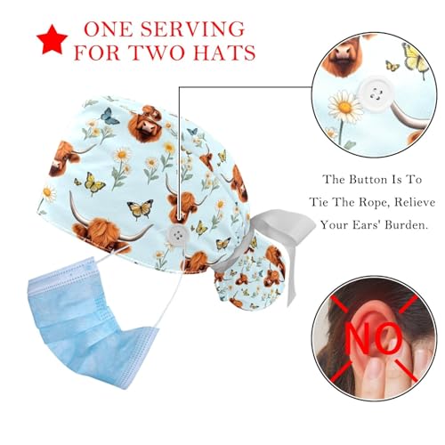 Image of 2 PCS Bouffant Cap with Button Ponytail Pouch Working Cap Sweatband Adjustable Surgical Cap Black and White Cow