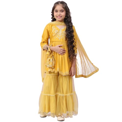 Image of BIBA Girl Viscose Peplum Embroidered Suit Set