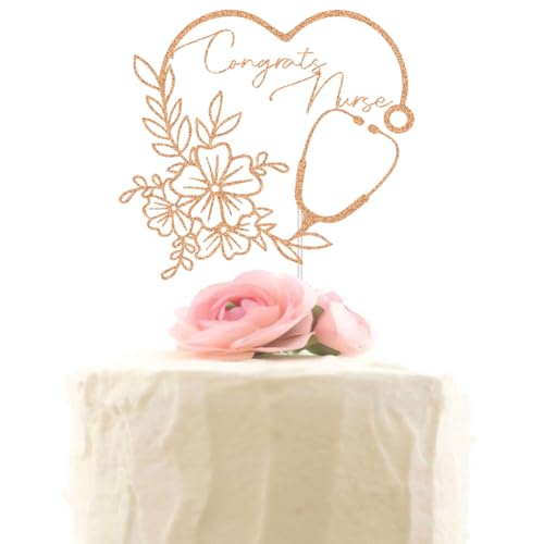 Congrats Nurse Cake Topper - Glitter Nursing BSN RN Graduation Cake Decor - Class of 2025 Medical School Graduate Party Decorations Rose Gold