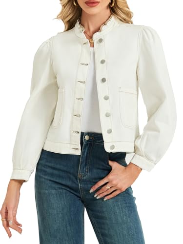 LifeShe Puff Sleeve Denim Jacket for women Ruffle Neck Jean Jacket Trendy 2025 Fall boyfriend Shacket