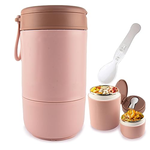 Kikuo Taza de Cereales para Llevar 700ml, Termo Comida Caliente de Doble Capa, Frasco Acero Inoxidable Contenedor Térmico con e Cuchara Plegable, Reutilizable Portátil Porta Yogurt y Cereales (Rosa)