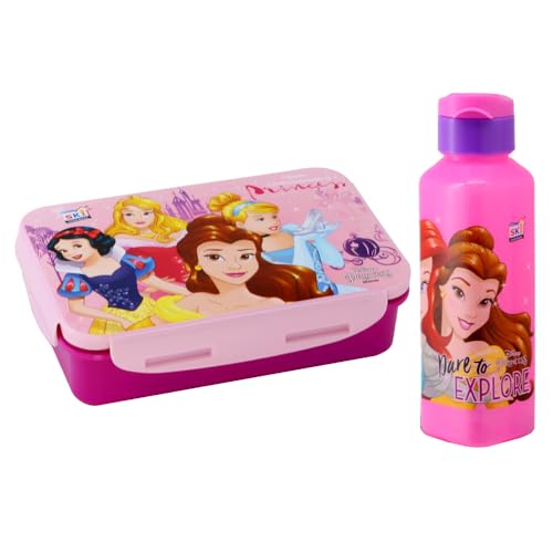 Image of SKi Homeware Lock & Seal Disney Lunch Box + Water Bottle Combo, for School Kids, a Gift for Girls and Boys with Attractive Character Prints and Vibrant Colours (Princess 2)