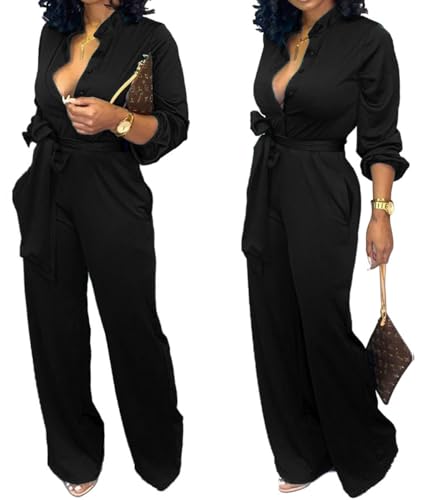 Senight Jumpsuits For Women Elegant V Neck Long Sleeve Sexy Stand Collar Button Down Straight Long Pants Business Rompers With Pockets Waistband thumb #5